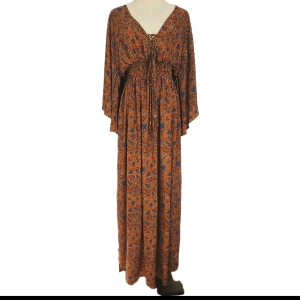 Karma HighwayTan Brown Gypsy Floral Bohemian Flowy Sexy Peasant Maxi Sundress